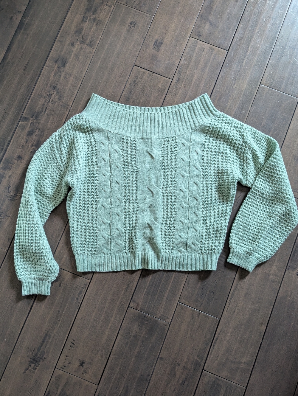 Women's Mint Green Cable-Knit Off-Shoulder Sweater
